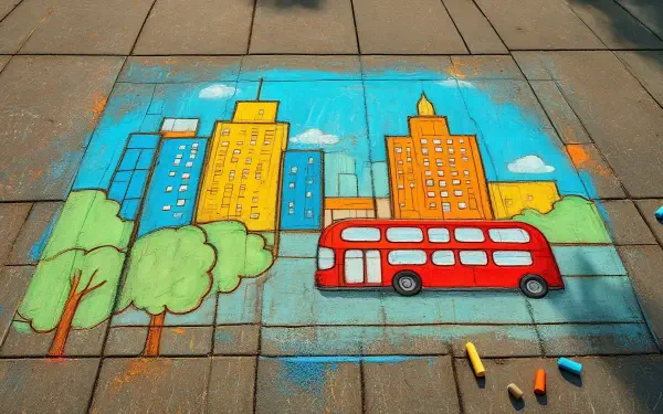 Sidewalk chalk art cityscape with trees and a red double-decker bus on pavement — 5K Ultra HD PC Desktop Wallpaper and Background.