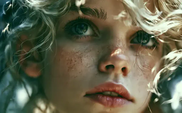 Close-up portrait of a freckled young woman with curly blonde hair and soft, dappled lighting; 2K Quad HD PC desktop wallpaper and background.