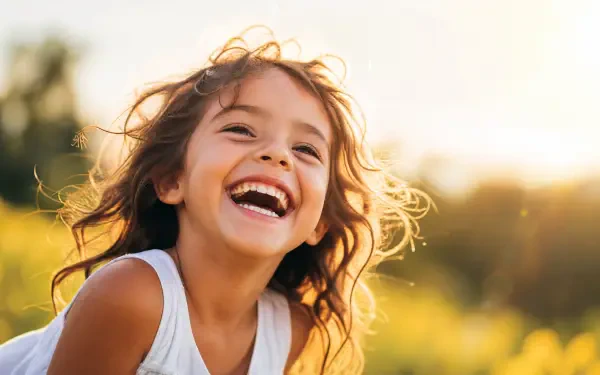 Child laughing in warm golden light over a grassy field — joyful 4K Ultra HD PC desktop wallpaper and background evoking happiness.