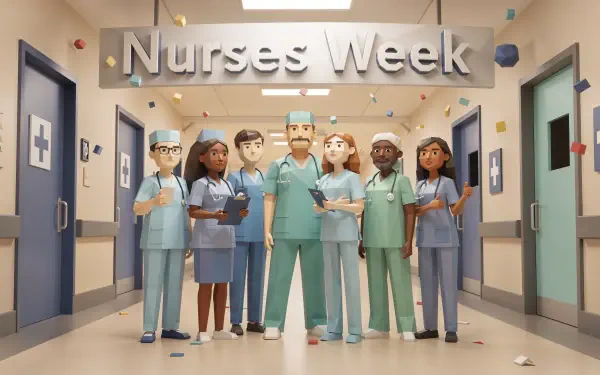 4K Ultra HD PC desktop wallpaper: diverse team of nurses in scrubs standing in a hospital corridor beneath a Nurses Week banner, stylized uplifting background.