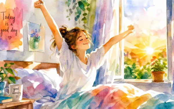 4K Ultra HD PC desktop wallpaper: watercolor scene of a woman stretching in bed at sunrise, sunlit window, plants and a Today is a good day note — waking up to a peaceful morning.