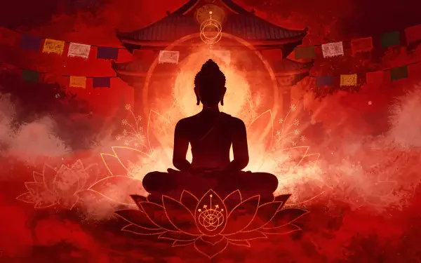 4K Ultra HD PC desktop wallpaper and background — red buddhism scene with a silhouetted meditating Buddha on a lotus, temple and prayer flags framed by a radiant halo.