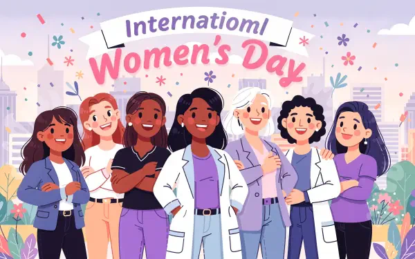 4K Ultra HD PC desktop wallpaper showing diverse, smiling women—some in lab coats—standing beneath a banner reading International Women's Day with confetti and a city skyline.