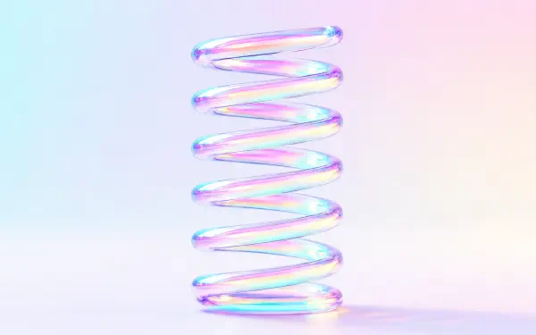 Iridescent glass-like spiral spring standing on a soft pastel gradient surface with gentle shadow — 4K Ultra HD PC desktop wallpaper and background.