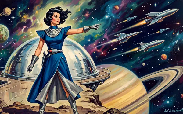 Retro sci-fi woman in a flowing blue dress points from a rocky outcrop toward sleek rockets, a domed station and ringed planet — 5K Ultra HD PC desktop wallpaper/background.