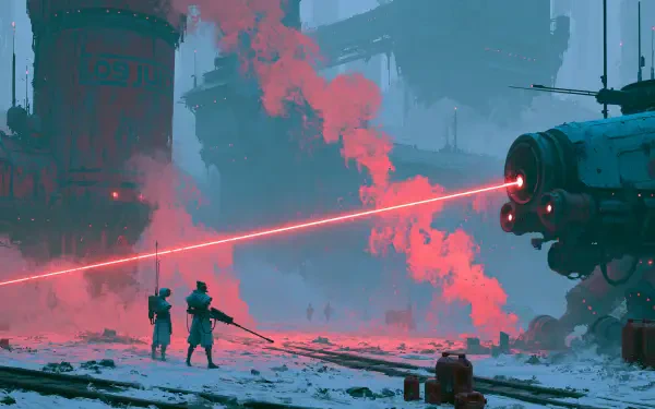Sci-fi 2K Quad HD PC desktop wallpaper: two figures face a hovering robot firing a red laser across a snowy, smoke-filled industrial battlefield.