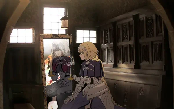 Anime HD PC desktop wallpaper: armored blonde knight sits in a dim arched room, gazing into a mirror that reflects a pale, white-haired counterpart as warm light streams through high windows.