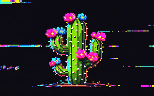 Pixel-art cactus with bright pink and blue cactus flowers on a glitchy black field — 4K Ultra HD PC desktop wallpaper and background.
