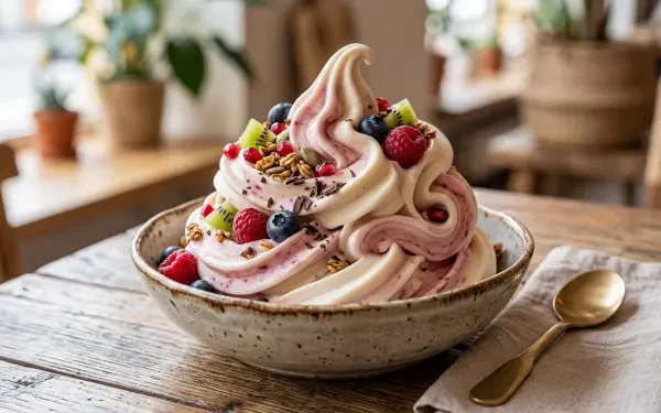 5K Ultra HD PC desktop wallpaper: swirled strawberry and vanilla frozen yogurt topped with berries and nuts in a ceramic bowl on a rustic wooden table.