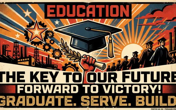 Propaganda-style education poster: central graduation cap, raised fist, marching graduates, industrial skyline and bold slogans — 5K Ultra HD PC Desktop Wallpaper and Background.