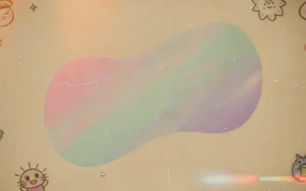 Indie aesthetic 4K Ultra HD PC desktop wallpaper/background: pastel rainbow blob on warm beige paper with doodled sun and flowers, tiny sparkles and subtle film-grain texture.