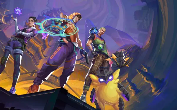 HD PC desktop wallpaper/background of Valorant agents Clove, Gekko, and Miks posing with neon powers and robotic gear against a purple futuristic cityscape.