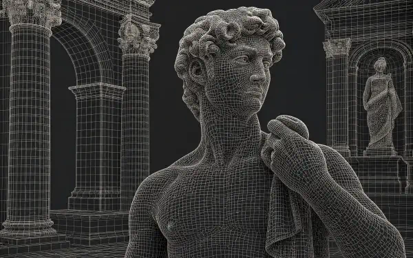 Wireframe-style classical marble statue amid arched colonnade, monochrome 4K Ultra HD PC desktop wallpaper and background.