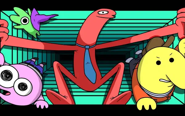 Smiling Friends characters strike an energetic pose against a retro teal-striped backdrop — colorful 4K Ultra HD PC desktop wallpaper and background.