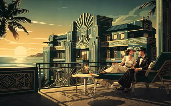 Art-deco seaside terrace at sunset with a well-dressed couple sipping cocktails on a balcony, palm trees and ocean view — weekend getaway; 4K Ultra HD PC Desktop Wallpaper and Background.