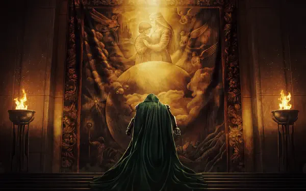 Doctor Doom kneels before a glowing mural in a dark throne hall — Avengers: Doomsday 5K Ultra HD PC desktop wallpaper and background, Marvel Comics Avengers.