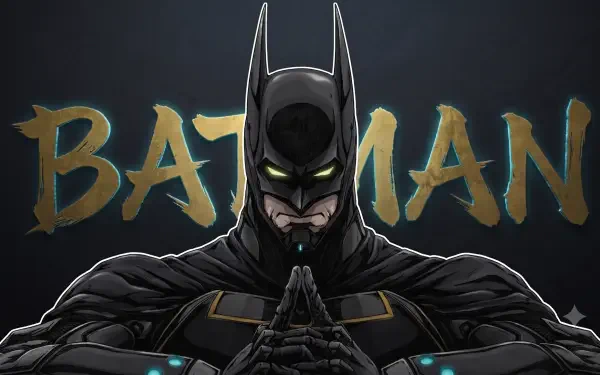 Anime-style Batman from Batman Ninja vs. Yakuza League, armored ninja pose with glowing eyes before gold BATMAN title — AI art 2K Quad HD PC wallpaper.