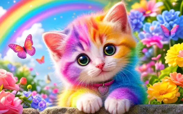 Cute cat with rainbow fur, big green eyes and a heart pendant amid vivid flowers and a rainbow — 4K Ultra HD PC desktop wallpaper.