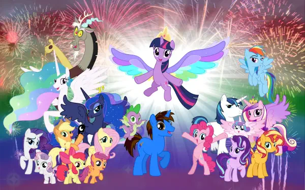 My Little Pony 4K Ultra HD PC desktop wallpaper: Twilight Sparkle soars center as the Mane cast and Spike gather below colorful fireworks.
