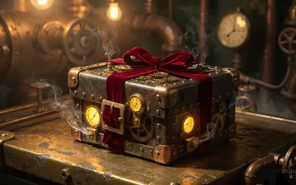 Steampunk Christmas present tied with a red bow on a worn metal table, glowing gauges and steam pipes in the background — 4K Ultra HD PC Desktop Wallpaper and Background.