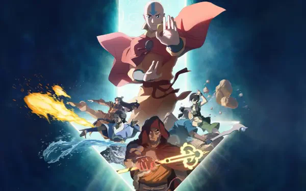 4K Ultra HD anime-style Avatar: The Last Airbender wallpaper — Aang levitates center as Katara, Sokka, Zuko and Toph unleash water, fire, earth and air bending.
