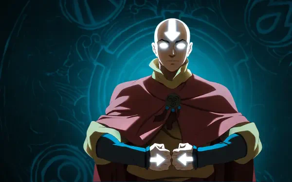 4K Ultra HD PC desktop wallpaper: Aang from Avatar: The Last Airbender meditates with glowing arrow and eyes, hands clasped, set against a blue-green mystical rune background.