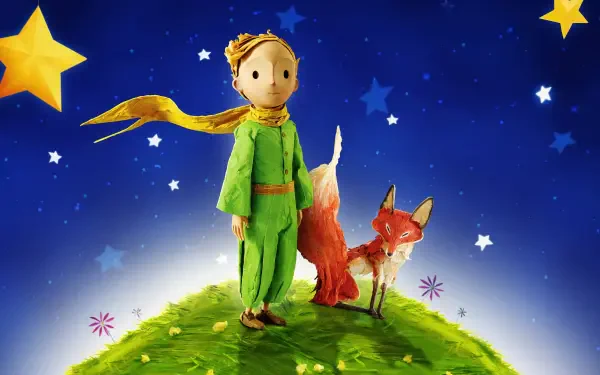 The Little Prince in a green suit and flowing yellow scarf stands with his fox on a tiny grassy planet beneath a starry blue sky — 4K Ultra HD PC desktop wallpaper/background.
