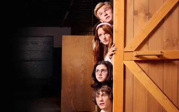 Live-action Scooby-Doo gang peeking from behind a wooden barn door — 4K Ultra HD PC desktop wallpaper/background with cinematic, moody lighting.