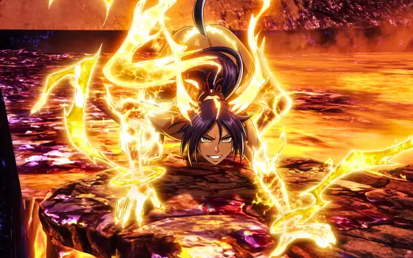 5K Ultra HD PC wallpaper of Yoruichi Shihôin from Bleach: Thousand-Year Blood War — anime girl/waifu crouched, snarling, crackling with golden lightning over molten rock.