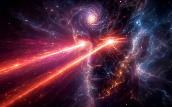 Abstract cosmic face with blazing laser eyes firing twin beams through nebulae; vibrant colors and swirling galaxies — 4K Ultra HD PC desktop wallpaper and background.