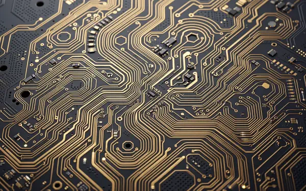5K Ultra HD PC desktop wallpaper: close-up gold-on-black circuit board pattern with intricate traces, pads and solder points creating a high-detail technological texture.