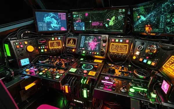 4K Ultra HD PC desktop wallpaper: high-detail spaceship control panel — multicolored buttons, glowing displays, star maps and holographic readouts in a sci-fi cockpit.