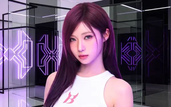 5K Ultra HD PC desktop wallpaper: cute Japanese model in K-pop, BABYMONSTER-inspired look with long purple hair, white tank top, neon geometric studio background.