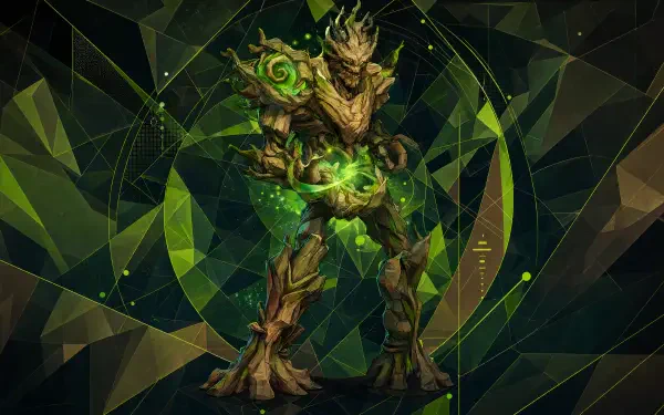 Marvel Rivals 4K Ultra HD PC desktop wallpaper: towering wood-armored warrior with a glowing green core, standing against angular, faceted dark-green geometric background.