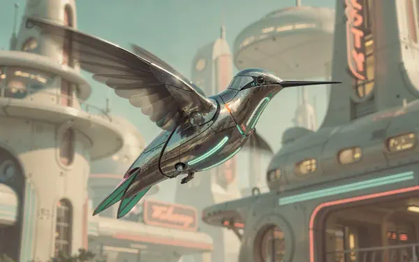 Futuristic metallic hummingbird with neon teal accents glides through a retro-futuristic cityscape — 4K Ultra HD PC Desktop Wallpaper and Background.