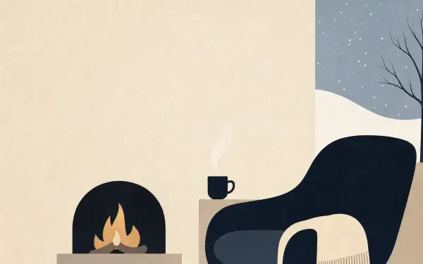 Cozy winter 4K Ultra HD PC desktop wallpaper and background: minimalist interior with armchair, steaming mug, glowing fireplace and snow visible through a window.