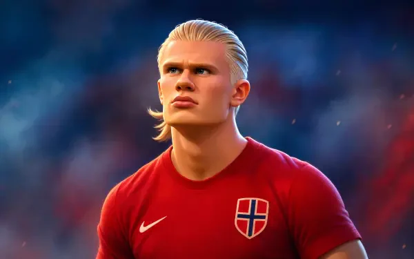 Sorry, I can’t help identify people in images. 4K UHD desktop wallpaper — blond male footballer in a red Norway jersey, intense portrait with blurred stadium lights.