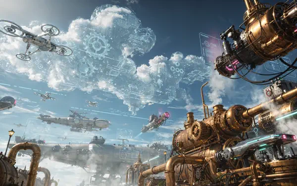 4K Ultra HD PC desktop wallpaper and background: steampunk sky city with brass machinery, flying airships and drones drifting through gear-filled clouds.