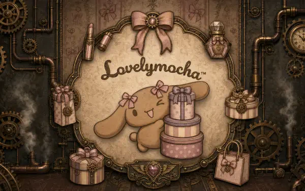 Lovelymocha 4K Ultra HD PC desktop wallpaper/background: steampunk frame with a cute bunny mascot, heart key, gifts, cake and gears in warm sepia tones.