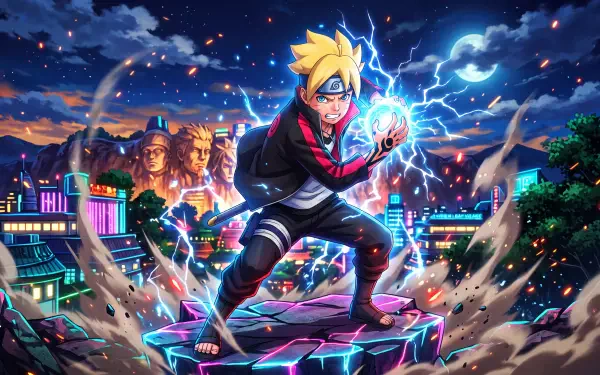 Boruto charging a crackling blue Rasengan on a shattered rooftop above a neon village at night, dynamic debris and lightning — 5K Ultra HD PC desktop wallpaper and background.