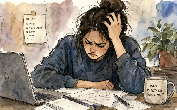 4K Ultra HD PC desktop wallpaper: watercolor of a frustrated person at a cluttered desk, rubbing their forehead amid laptop, scattered papers and a mug reading Why is nothing working?