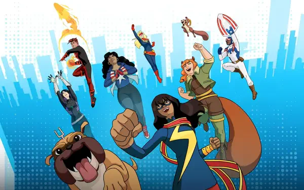Marvel Rising 4K UHD PC desktop wallpaper and background: animated heroes — Ms Marvel front with fist raised, Squirrel Girl, America Chavez and others flying above a blue city skyline