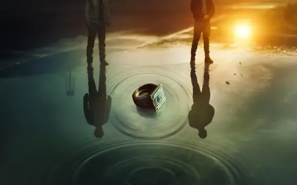 Lanterns (2026) 4K Ultra HD PC desktop wallpaper and background: glowing lantern drifts on rippling water at sunset, two silhouetted figures and their reflections on the surface.