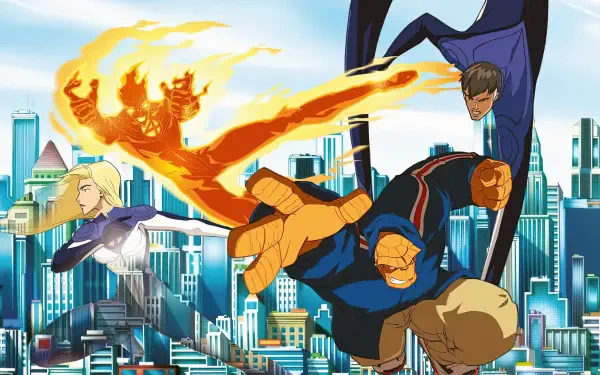 2K Quad HD PC desktop wallpaper and background of Fantastic Four: World's Greatest Heroes — Human Torch, Invisible Woman, Mr. Fantastic and The Thing in action over a futuristic city skyline.