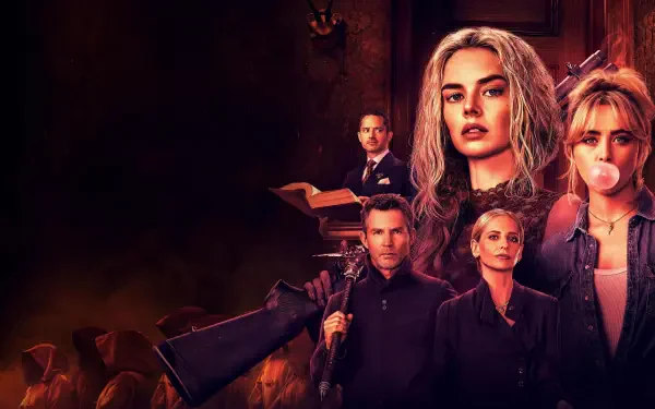 Ready or Not 2 4K Ultra HD PC desktop wallpaper — moody group of five in a shadowed mansion; central platinum‑haired woman and a blonde blowing bubblegum.