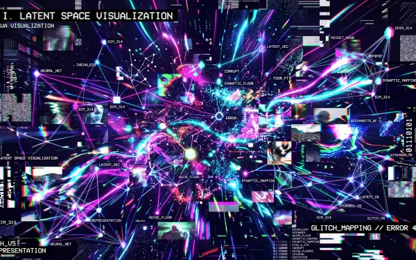 Glitchcore 5K Ultra HD PC desktop wallpaper: neon purple and cyan data streams, pixel glitches, floating UI fragments and cosmic visualization in a high-resolution cyberpunk aesthetic.