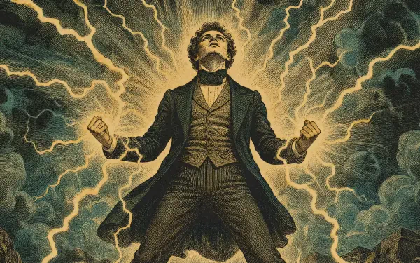 Dramatic vintage-clad man clenches fists as golden lightning radiates through storm clouds — 4K Ultra HD PC Desktop Wallpaper and Background