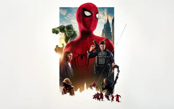 Spider-Man: Brand New Day — Spider-Man 5K Ultra HD PC desktop wallpaper showing the masked hero front-and-center over a city skyline with villains and dynamic action poses.