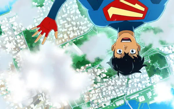My Adventures With Superman 4K Ultra HD PC desktop wallpaper: anime-style Superman flying upside-down over a sunlit city with clouds and vibrant blues.