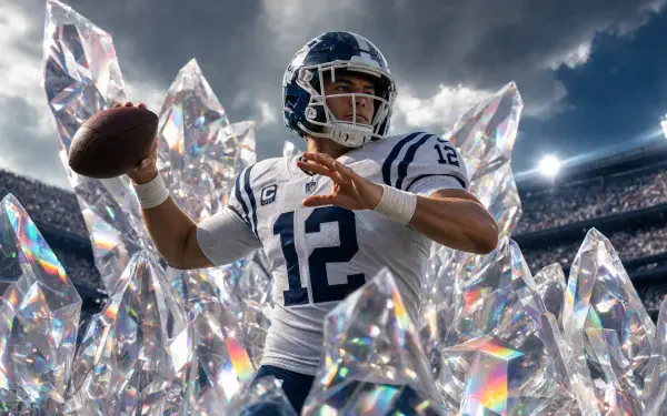 5K Ultra HD PC desktop wallpaper/background: helmeted quarterback (#12) winding to throw amid giant crystal shards beneath dramatic stadium lights.
